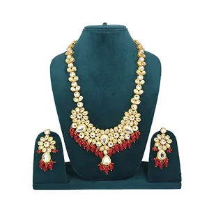 สร้อยคอยาว kundan หรูหราพร้อมลูกปัดสีแดงชุบทองทองแดงและเพทายสำหรับงานแต่งงานหรือของขวัญเจ้าสาวเครื่องประดับที่ดี - Product Image 3