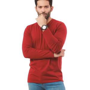 เสื้อยืดแขนยาวคอวีสำหรับผู้ชาย,สีแดงสีพื้นฐานสีพื้นสำหรับผู้ชายแบบเต็มตัว - Product Image 2