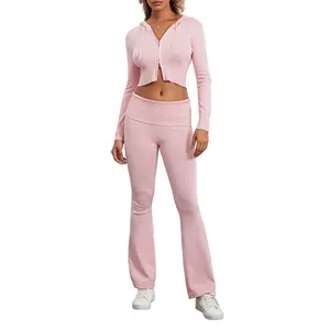 Sudaderas con capucha de alta calidad para mujer, chándal, Top corto de algodón con bolsillos, pantalones, conjunto de 2 piezas, chándal - Product Image 5