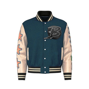 100% Cotton Men's Vintage Letterman Varsity Jacket Oversized <b>Drop</b> Shoulder <b>Stand</b> Collar Chenille Embroidery High Street Style - Product Image 1