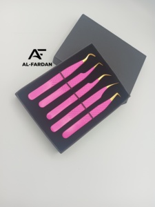 Pinces à cils rose vif avec pointe dorée, lot de 5 pièces avec boîtes cartonnées, en acier inoxydable japonais, poignée diamantée - Product Image 5