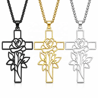 Collier tendance ARNAN avec pendentif croix rose, en acier inoxydable plaqué argent, bijou religieux chrétien, cadeau pour femme, motif floral