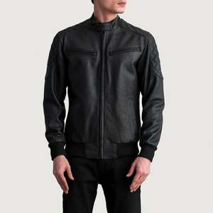 GLOBAL LEATHER Sven Genuine <b>Sheepskin</b> Black Leather Water-Proof Men's Casual Autumn Bomber <b>Jacket</b>-XS Size Coated Zippered - Product Image 1