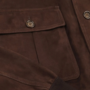 Men's Brown Suede Bomber <b>Jacket</b> Stand Collar Casual Autumn Regular Fit Button Closure Solid Color - Product Image 2