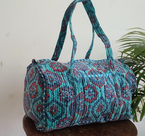 Handmade <b>Quilted</b> <b>Velvet</b> Cotton Duffle Bag Blue Red Floral Print | Luxury Weekender Durable Travel Bag | Eco-Friendly Large - Product Image 3