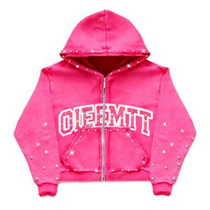 Glory Custom Hoodie d'hiver pour femme, délavé à l'acide, 450 g/m², 100 % coton, coupe courte, surdimensionné, en molleton, avec fermeture éclair et strass - Product Image 1