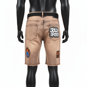 Acid Wash Denim <b>Shorts</b> Heavy Cotton Denim Raw Hem Streetwear Custom Chenille Embroidery <b>Patch</b> Logo <b>Men</b> Acid wash <b>men's</b> <b>shorts</b> - Product Image 3