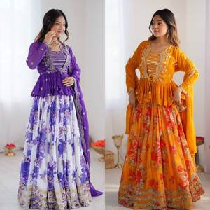 Lehenga Koti en faux georgette lourd avec impression numérique, travail de fil avec sequins, avec choli et dupatta en fil avec travail de sequins - Product Image 2