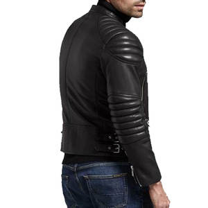 Chaquetas Bomber ligeras con cremallera y bolsillos Chaquetas de moto con cuello levantado Chaqueta de cuero con mangas acolchadas negras para hombres - Product Image 3
