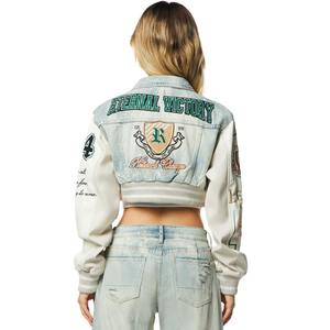 Chaqueta universitaria de béisbol para mujer con logotipo personalizado y mangas de piel de oveja negra bordada de algodón al por mayor - Product Image 6