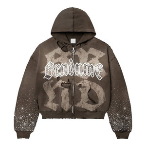 Style de rue soleil délavé nouveauté hommes survêtement Baggy Look strass acide lavage 2 pièces à capuche et pantalon empilé ensemble - Product Image 3