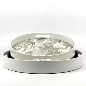 Round Luxury MDF Lacquer Serving Tray Beige Botanical Floral Print Glossy White <b>Decorative</b> Handmade <b>Wooden</b> Tray <b>for</b> Home <b>Decor</b> - Product Image 3