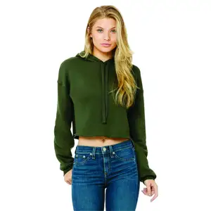 Raw Hem Dropped Shoulder 52% Airlume Combed and Ring Spun Cotton 48% Poly Fleece Women's Cropped Fleece Hoodie