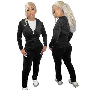 Conjunto de dos piezas de terciopelo para mujer de otoño, chándal para mujer, chaqueta con cremallera, Top corto, pantalones de pierna ancha, pantalones de chándal, Sudadera con capucha de terciopelo para mujer - Product Image 2