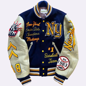 Venta al por mayor de alta calidad parche bordado hombres universitarios mangas de cuero personalizado Streetwear béisbol Letterman Varsity chaqueta - Product Image 5