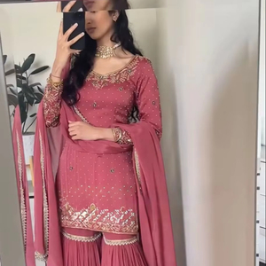 Hot Selling Classy <strong>Latest</strong> Golden Wedding <strong>Wear</strong> Heavy Faux Georgette With Sequence Work Top Duppta and Sharara <strong>Suit</strong> for Women