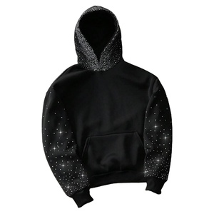 Black Rhinestone Jersey Pullover Hoodie <b>Men</b> Streetwear Crystal <b>Studded</b> Hood Sleeves 360gsm Oversized Custom Logo Winter Hoodie - Product Image 5