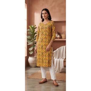 <b>Women's</b> Yellow Floral Print Cotton Poplin <b>Kurta</b>-Casual Breathable Style - Product Image 1