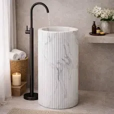 Lavabo sur pied en marbre facetté, lavabo en pierre à poser, design vertical moderne, utilisation en entrepôt, drain inclus - Product Image 2