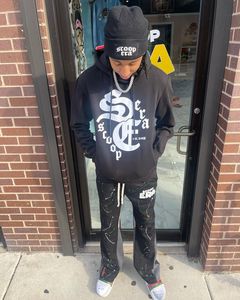 Pull-over à capuche et pantalon de survêtement évasé à impression numérique unisexe 100% coton Survêtement d'hiver écologique pour hommes - Product Image 3