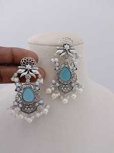 Pendientes de gota Chandbali de caléndula de plata oxidada antigua, conjunto de lujo con patrón único, joyería de moda a granel personalizable - Product Image 5