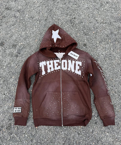 Nouveau sweat à capuche zippé oversize pour homme, style streetwear personnalisé, en molleton de coton respirant, avec strass, effet délavé soleil et délavé à l'acide, écologique, pour l'hiver - Product Image 1