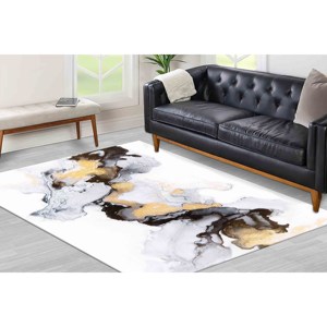 Tapis en marbre gris : Tapis d'appoint contemporain doré scintillant, Tapis imprimé, Tapis en chenille - Product Image 2