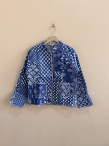 Chaqueta Acolchada de Algodón con Estampado Étnico Bohemio en Color Índigo, Transpirable, para Todas las Temporadas, para Mujer - Product Image 1