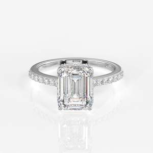 Sterling <b>Silver</b> Moissanite Diamond <b>Ring</b> with <b>Emerald</b> Cut Hidden Halo Design - Product Image 6