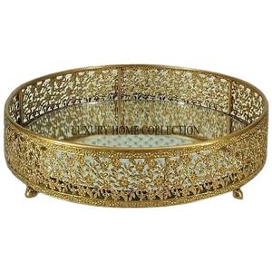 Victorian-style handcrafted metal glass <b>mirror</b> tray with ornate framework reflective surface for high-end home interior <b>accents</b> - Product Image 1