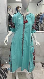 2021 bohemio negro ucraniano bordado Maxi vestido de algodón arrugado Top cuello en V cinturón 100% algodón cintura Natural manga corta - Product Image 4