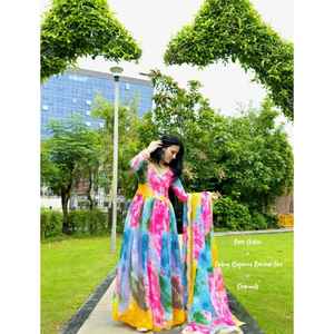 Nouveau lancement magnifique dentelle arc-en-ciel retouche Anarkali avec travail de diamant avec tissu en mousseline de soie - Product Image 1