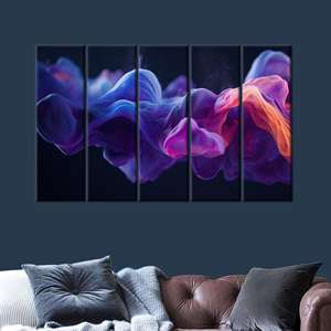 Tableau sur toile abstrait aux couleurs fluides, décoration murale Fumée Bleue Violette, 5P: Galerie encadrée - Product Image 1