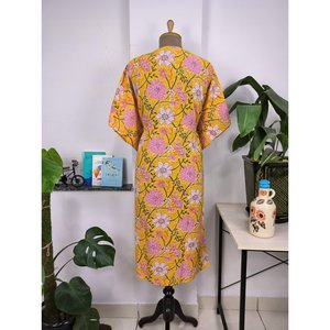 Robe <b>Kaftan</b> Boho Style Imprim Jardin Botanique Indien La Main Sun Shine Tissu En Coton Lger Respirant for Summer Cover Ups - Product Image 5