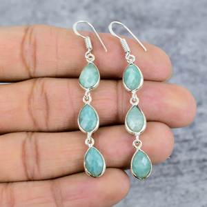 Amazonite Boucles d'oreilles pendantes à trois pierres faites à la main en argent sterling 925 en forme de poire Boucles d'oreilles pendantes tendance pour femmes - Product Image 2
