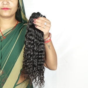 Máquina de trama doble alineada con cutícula virgen 100%, paquetes de ondas rizadas, extensiones de cabello humano de templo indio de Color negro personalizado - Product Image 1