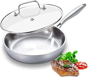 Poêle à frire en acier inoxydable tri-couches 18/8, compatible four, non toxique, compatible avec toutes les plaques de cuisson, chauffe rapidement et uniformément, avec couvercle - Product Image 1