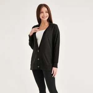 Cárdigan de manga larga negro de punto fino para mujer, suéter, diseño informal con botones para otoño, verano, novedad, venta al por mayor, giro largo - Product Image 1