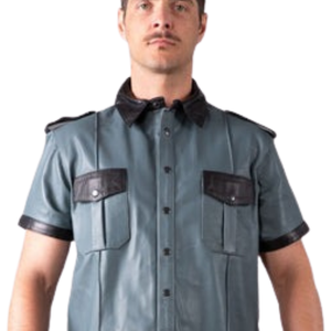 Chemise en cuir coupe classique grise et noire pour homme, haut à manches courtes en similicuir, style fétiche, avec boutons - Product Image 5