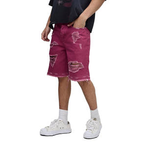Magenta Distressed <b>Denim</b> <b>Shorts</b> for Men Custom Streetwear Raw Hem <b>Ripped</b> Jorts Loose Fit Hip Hop Summer Fashion OEM Style - Product Image 1