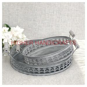 Table basse en fer galvanisé gris marocain perforé décoratif plateau de service ustensiles de cuisine pièce maîtresse stockage en gros - Product Image 1