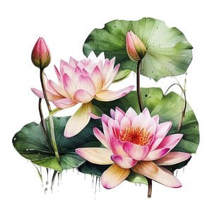 Impression d'art personnalisée DTF Fleur de lotus, pétales bleus et blancs, centre jaune, fond feuille verte, impression par transfert thermique imperméable pour jouets - Product Image 1