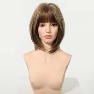 Jean Plus -DWY Glueless Synthetic <b>Wig</b> Gen 2 Large Realistic Scalp <b>Short</b> Straight Brown with Blonde Highlights Bangs - Product Image 2
