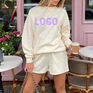 Ensemble 2 pièces décontracté en molleton de coton personnalisé pour femmes, taille haute, col rond, short, respirant, sweat-shirt - Product Image 5