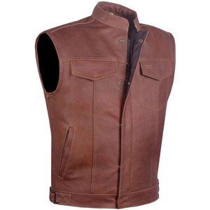 Gilet de moto en cuir marron antique pour homme, en cuir de vachette, col rond, boutons recouverts, fermeture à boutons, respirant pour l'automne - Product Image 1