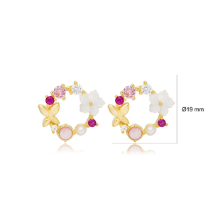 Boucles d'oreilles clous CZ multicolores roses motif fleur fraîche nacre faites à la main turques en gros bijoux en argent sterling 925 - Product Image 3