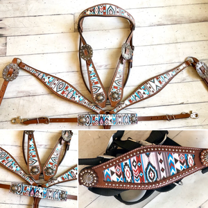 EquiElite Exports - Juego de arreos western de cuero con patrón de diamantes navajo multicolor, cabezada, pechera y brida para caballo, personalizado - Product Image 5