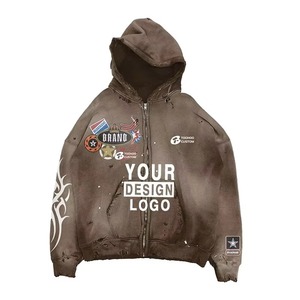 Sudadera con capucha personalizada lavada con ácido para hombre, ropa de calle de lana, apliques bordados, diamantes de imitación desgastados, cremallera, liso Digital de invierno - Product Image 1