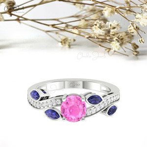 Anillo de declaración de flor de oro macizo de 14 quilates de diseño superior con zafiro rosa de 0,70 quilates y piedra de zafiro azul anillo de compromiso de diamante joyería - Product Image 1