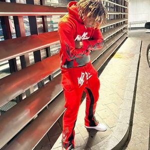 Custom Unisex Distress Acid Washed Sun Faded Sweat <b>Suits</b> Men's Fleece Hoodie <b>Pants</b> Flare Tracksuits for Winter Print Pattern - Product Image 4